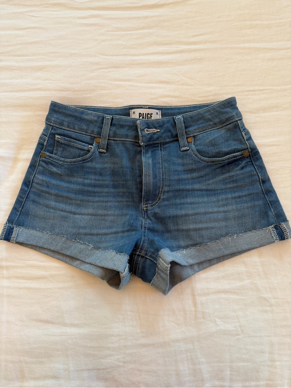PAIGE Classic Medium Blue Denim Roll-Cuff Shorts